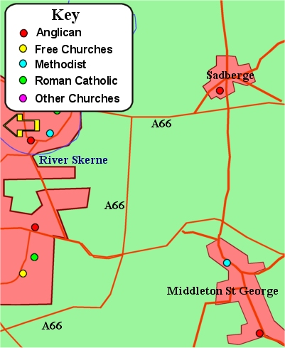 Map showing location of churches east of Darlington