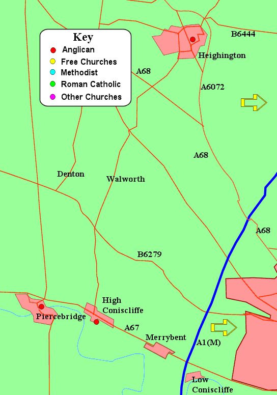 Map showing churches to the west of Darlington town centre